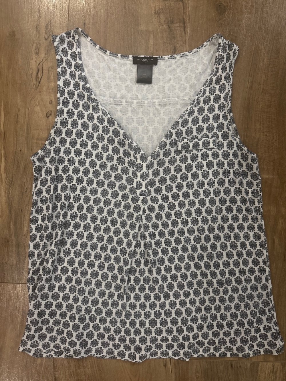 Ann Taylor White Tank Top with Black Floral Geometric Print